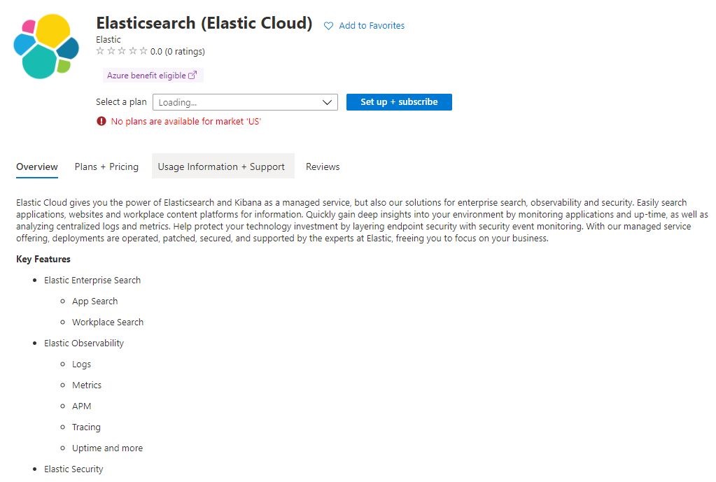 Elastic Cloud Native Integration on Azure Marketplace blade