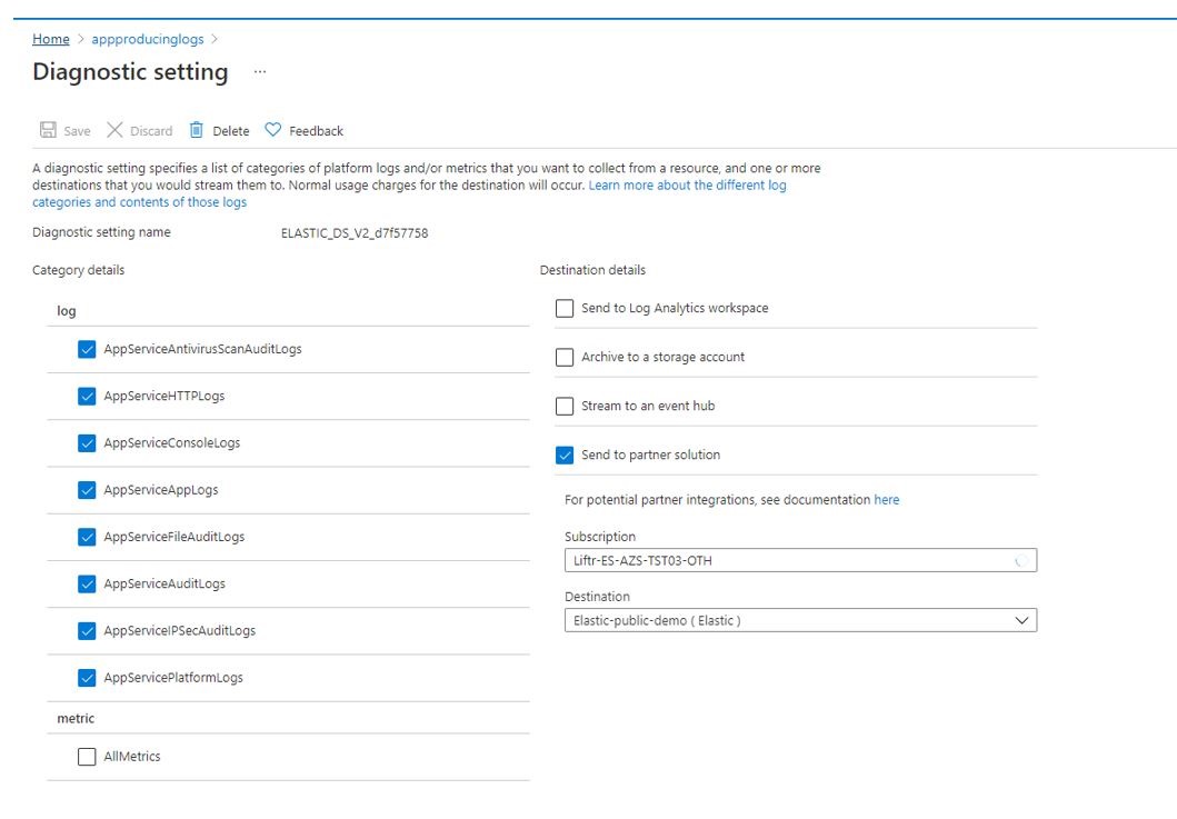 Configuring Logs with Diagnostic setting in Azure Portal for Elastic service